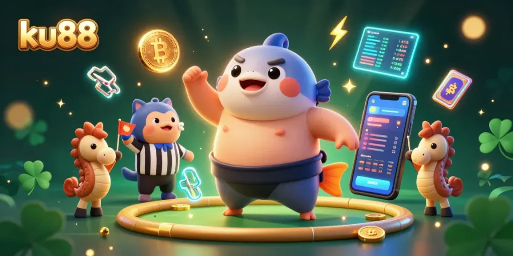 Experience the thrill at ku88 with a vibrant underwater casino scene showcasing unique characters and engaging game elements.