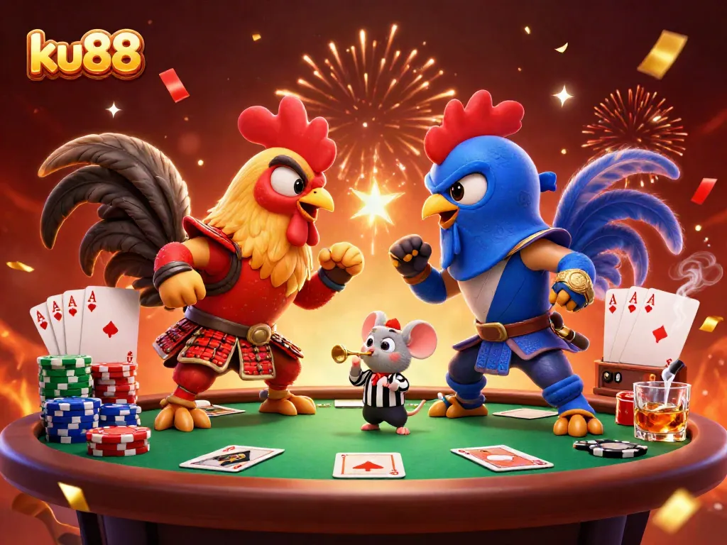 Bet on ku88 in a vibrant showdown with 3D fighting roosters at an exciting poker table.