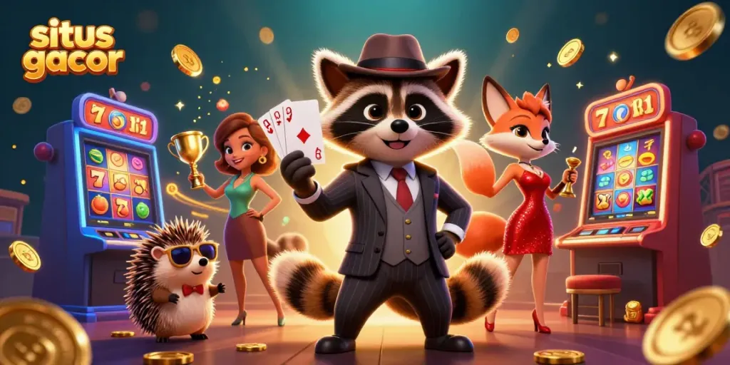 Experience winning at situs gacor with the raccoon showing a royal flush alongside a stylish fox and hedgehog bouncer.