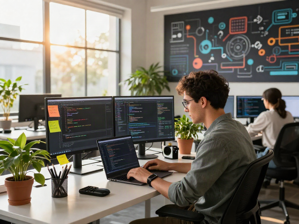 Dynamic software engineering workspace highlighting crushon ia's collaborative tech environment.