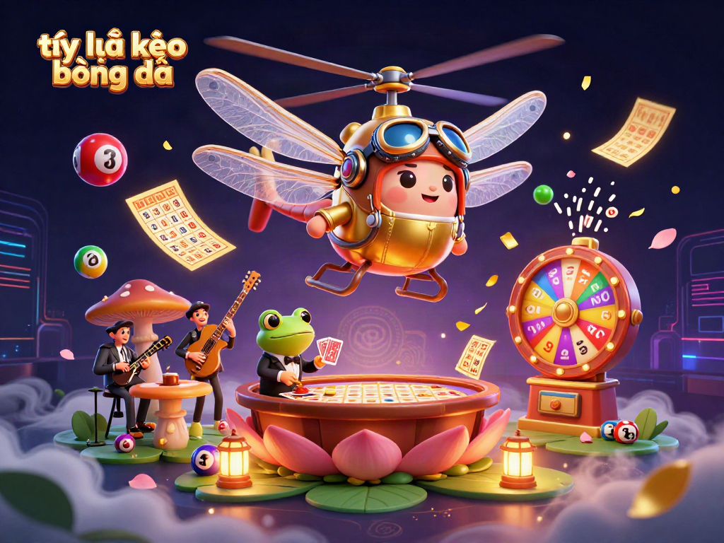 Tỷ lệ kèo bóng đá visualizing dynamic gambling elements with a vibrant dragonfly pilot and frog dealer.