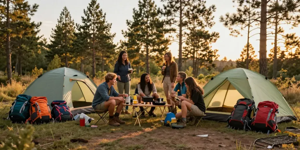 Friends preparing camping gear with rokok88 super in a beautiful forest setting, enjoying outdoor adventure.