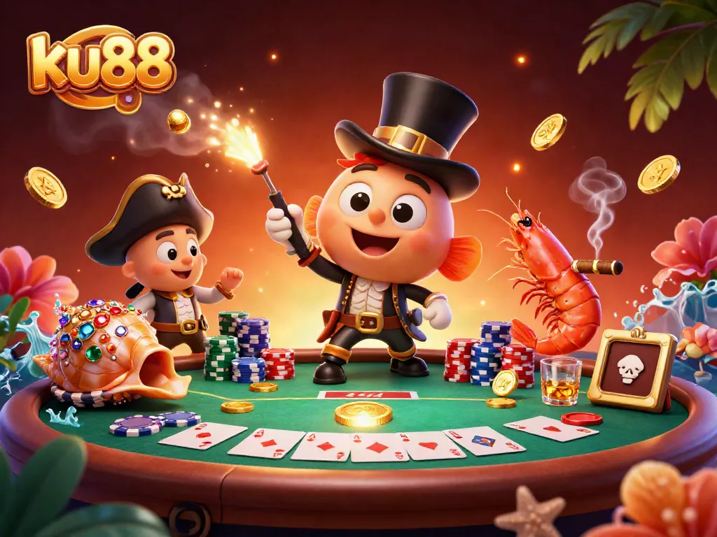 ku88 players enjoy a lively 3D casino scene with vibrant poker elements and colorful treasures.