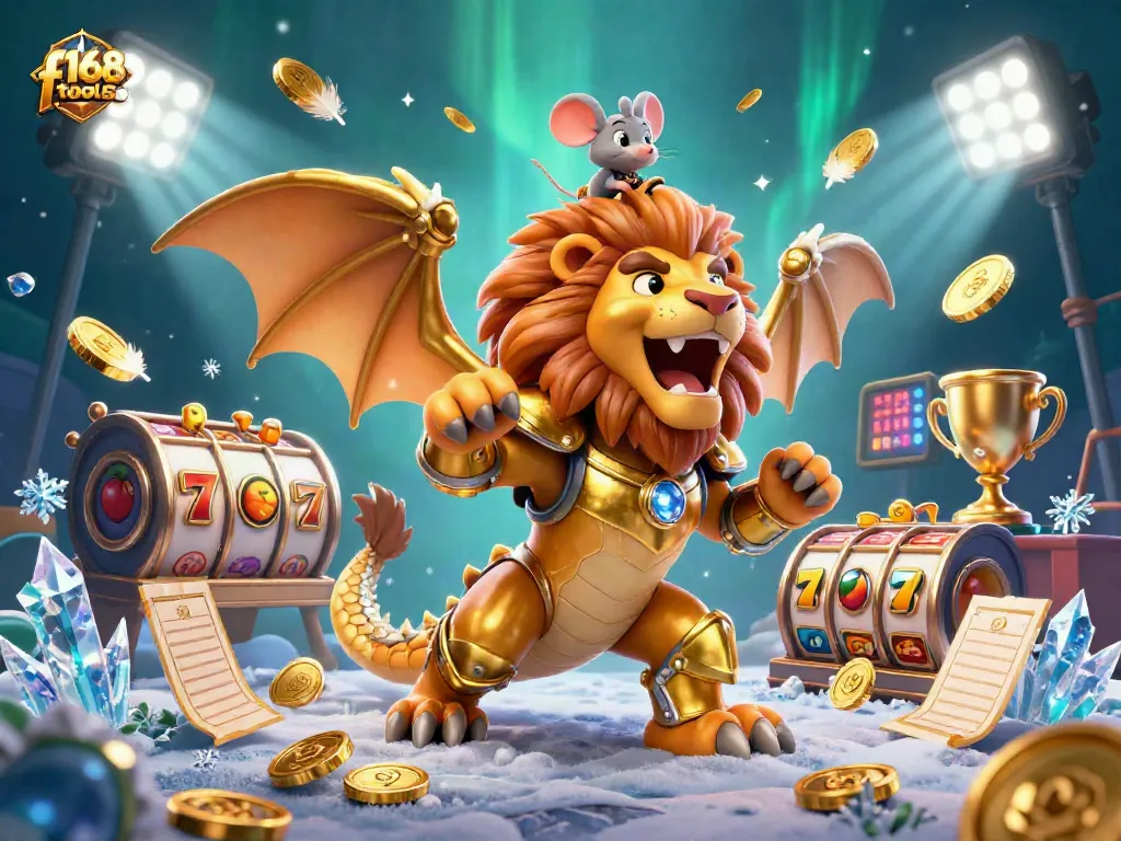 Engage in thrilling gameplay with f168 tools, showcasing a dynamic casino scene featuring slot reels and golden elements.