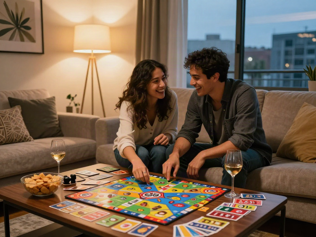 Couple enjoying a cozy evening with sex games in a warm living room.