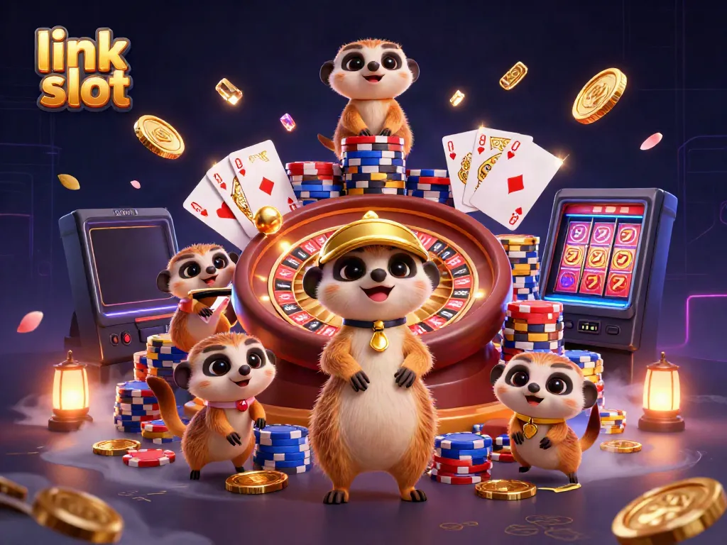 Engaging scene showcasing link slot as meerkats manage a lively casino with vibrant elements around them.