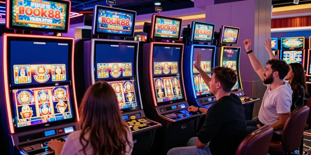 Friends celebrating a win at a rokok88 slot machine in a vibrant casino.