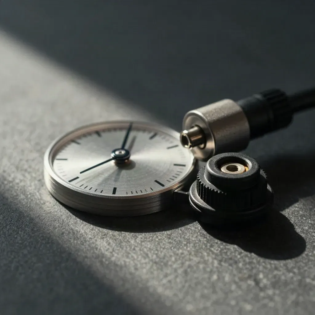 Analog dial cluster, spare drive and cable grommet on dark stone with soft bokeh.