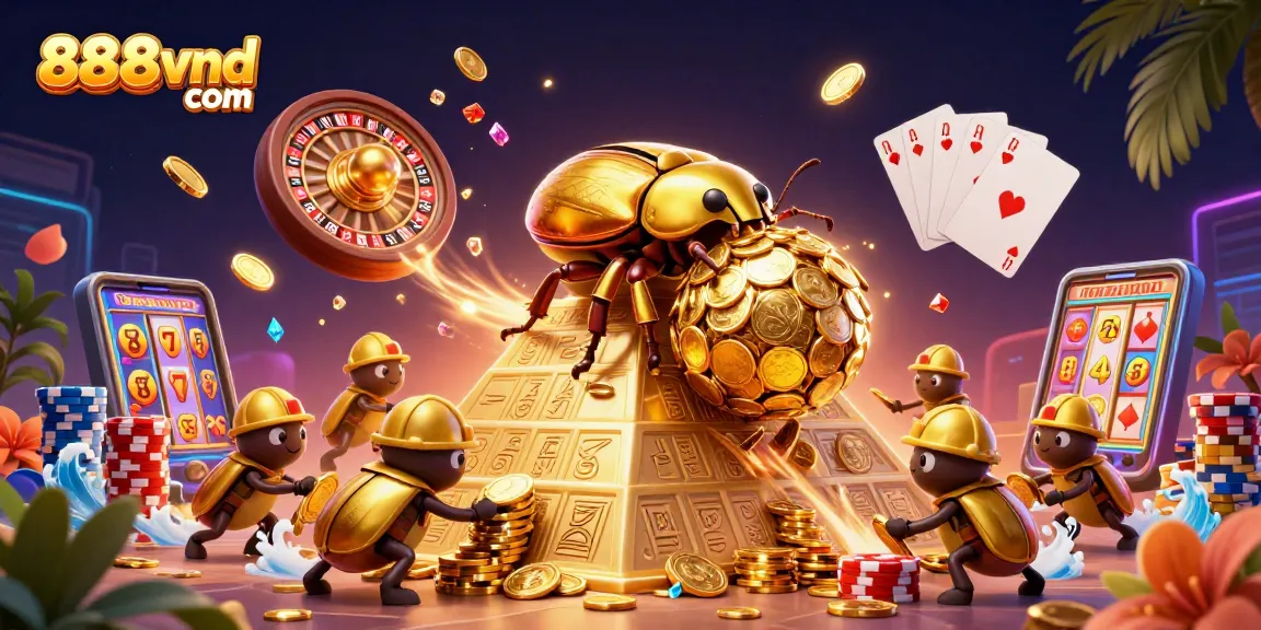 Engage in thrilling casino adventures with the vibrant illustration of 888vnd com showcasing a beetle and golden coins.