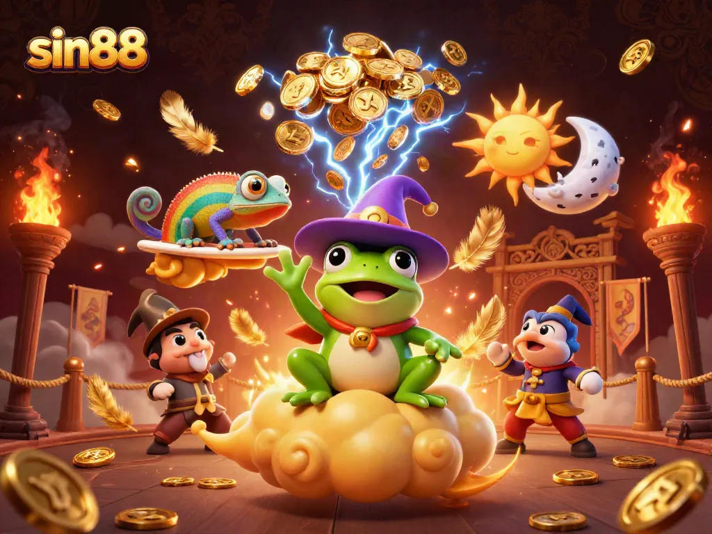 Experience thrilling wins at sin88 with a storm of golden coins from magical characters in an engaging casino scene.