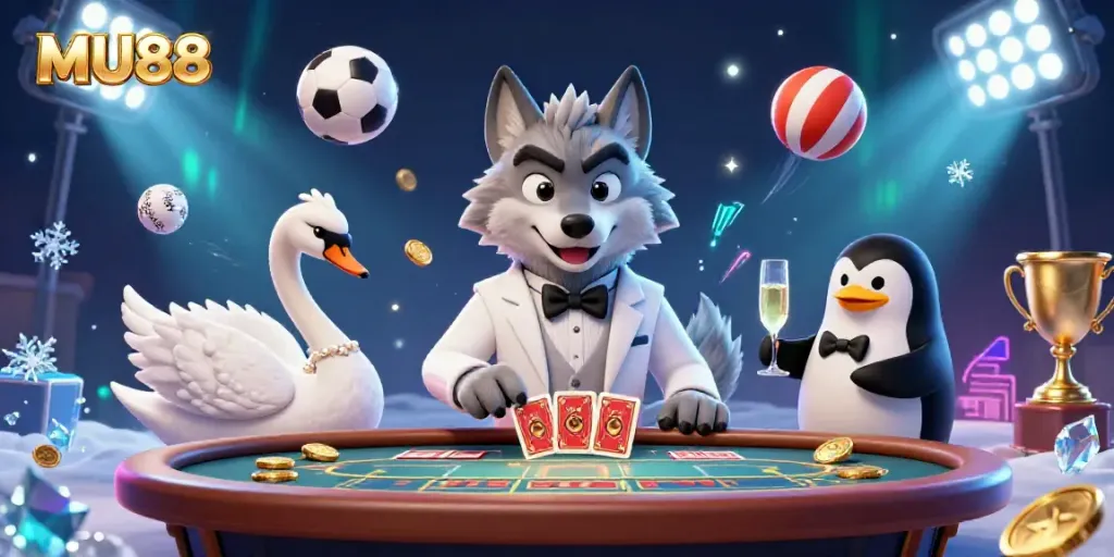 Engage in the thrilling gameplay of MU88 with a dynamic scene featuring a debonair wolf, elegant swan, and penguin sommelier.