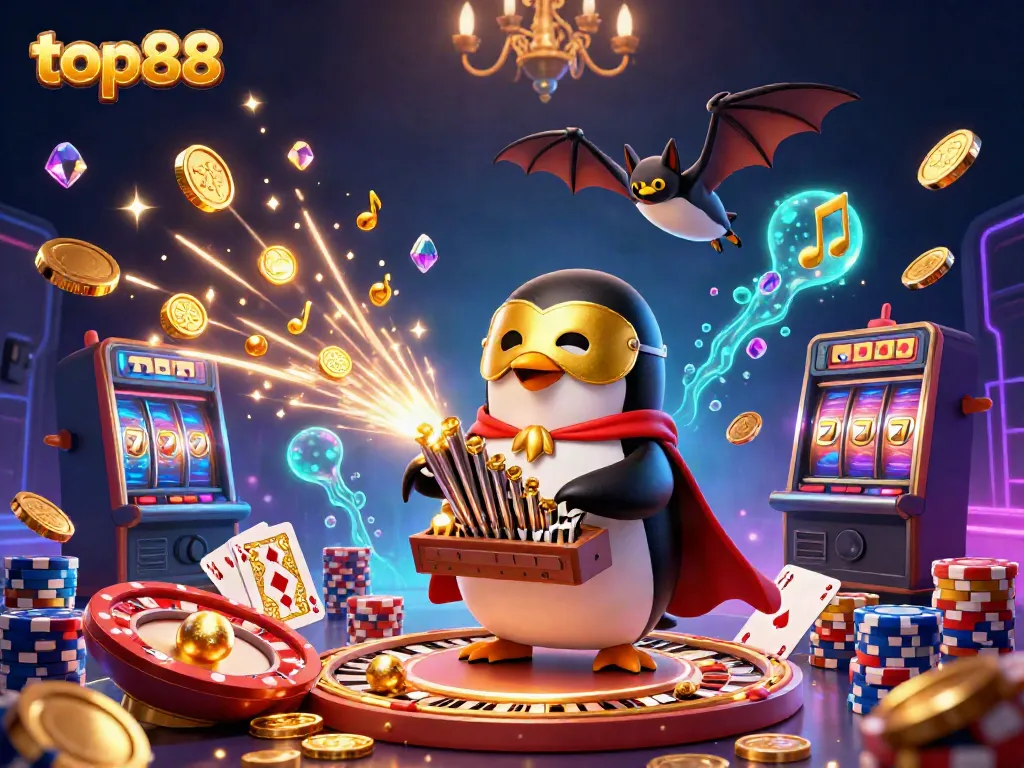 Experience the whimsical world of top88 with a penguin organist and casino games in action.