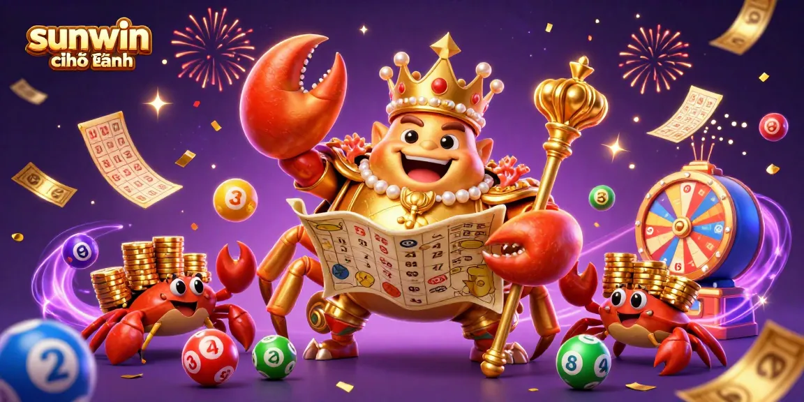 Spin and win with sunwin chính hãng during a vibrant casino celebration featuring golden crab and lottery elements.