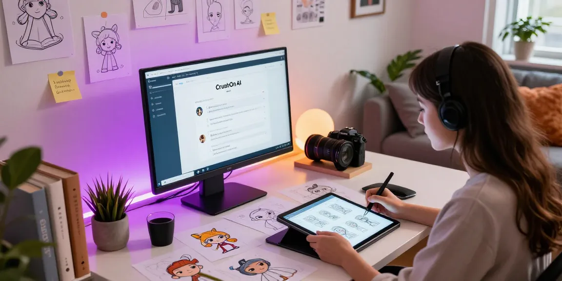 Creative workspace showcasing CrushOnAI character designs and digital chat.