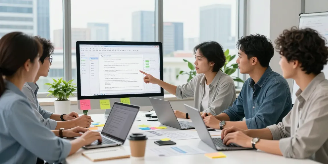 Download WPS Office for enhanced productivity in a collaborative workspace with diverse professionals using laptops.
