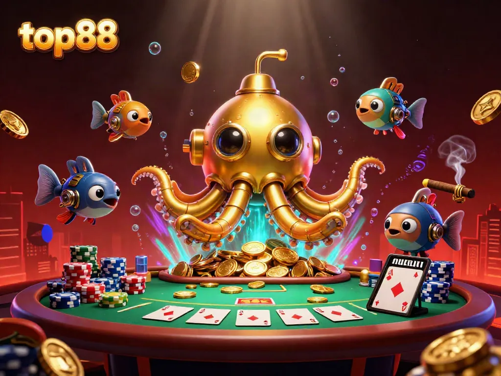 Engage with top88's thrilling gaming scene featuring a golden kraken submarine among poker elements.