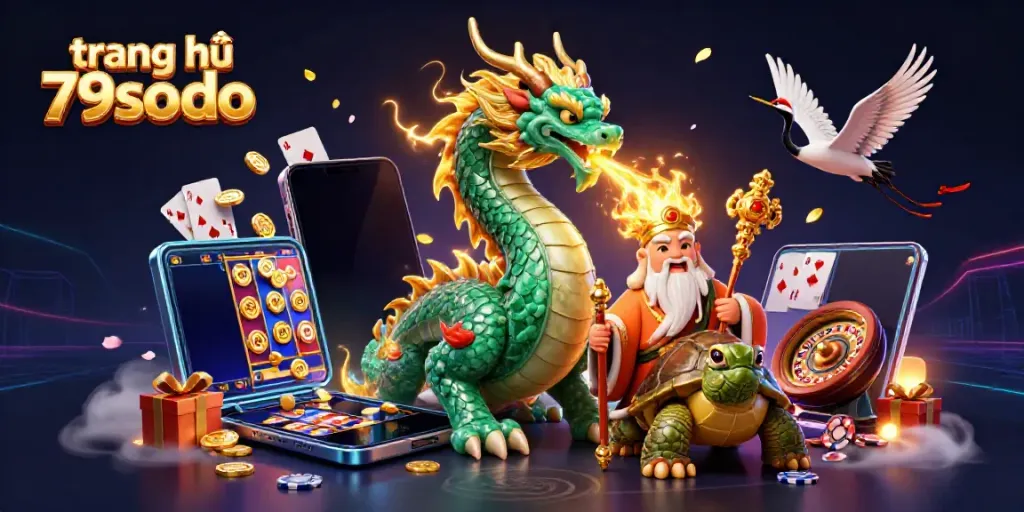 Experience big wins at trang chủ 79sodo with a dynamic illustration of a dragon, turtle sage, and lucky cranes amid casino games.