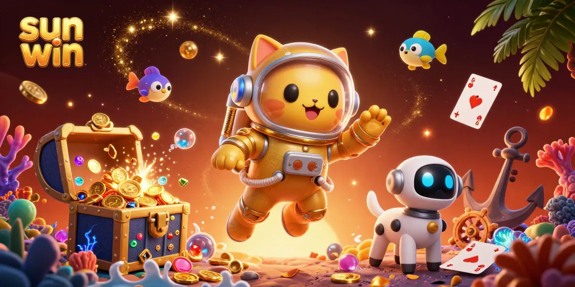 Play at sun win with a vibrant, 3D illustration of a golden astronaut cat and exciting casino elements.